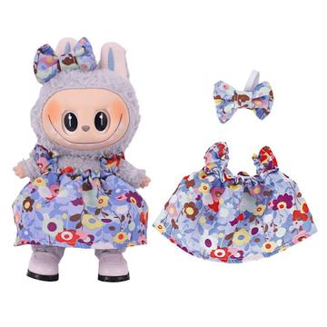 Rochie de petrecere cu flori și bentiță Bowknot pentru Labubu Mini Figure 17cm - Albastru deschis