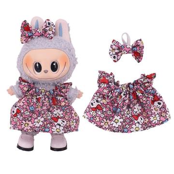 Rochie de petrecere cu flori și bentiță Bowknot pentru Labubu Mini Figure 17cm - roz