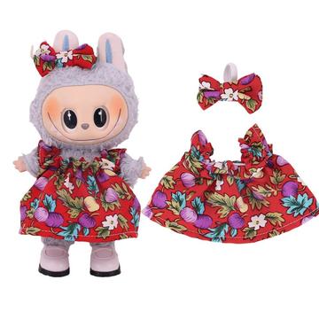 Rochie de petrecere cu flori și bentiță Bowknot pentru Labubu Mini Figure 17cm - Roșu