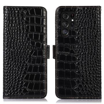 Husă Piele Portofel cu RFID Samsung Galaxy S23 Ultra 5G - Crocodile - Negru