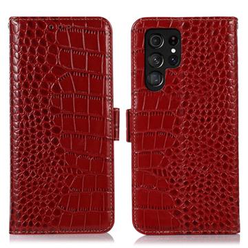 Husă Piele Portofel cu RFID Samsung Galaxy S23 Ultra 5G - Crocodile - Roșu