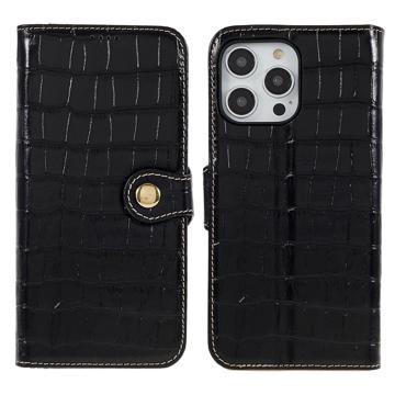 Husă Piele Portofel iPhone 14 Pro Max - Crocodile - Negru