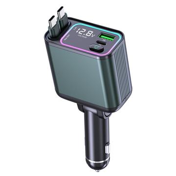 Încărcător auto GC08A cu iluminare ambientală, afișaj tensiune și două cabluri retractabile Type-C