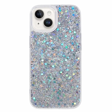 Husă TPU iPhone 15 - Glitter Flakes - Argintiu