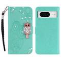 Google Pixel 8 Bufniță Owl Rhinestone portofel caz - Cyan