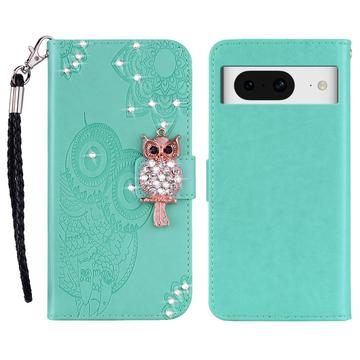 Google Pixel 8 Bufniță Owl Rhinestone portofel caz - Cyan