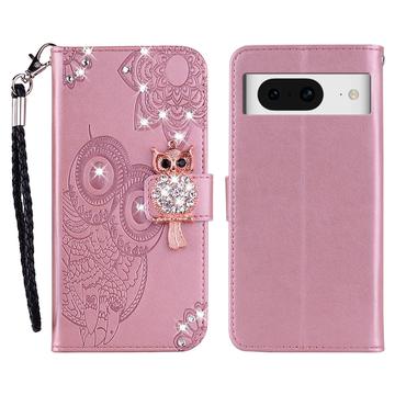 Google Pixel 8 Owl Owl Rhinestone Wallet Case - Rose Gold