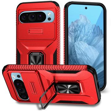 Husă Hibridă Google Pixel 9/9 Pro cu Inel Rotativ cu Ecran pentru Cameră - Roșu