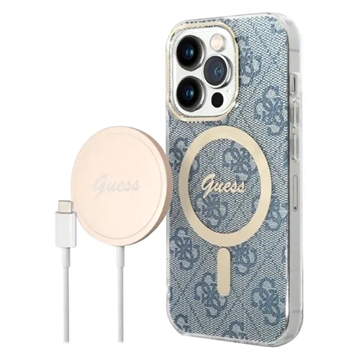 Husă & Încărcător Wireless iPhone 14 Pro - Guess 4G Edition Bundle Pack - Albastru