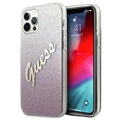 Husă iPhone 12/12 Pro - Guess Glitter Gradient Script - Roz