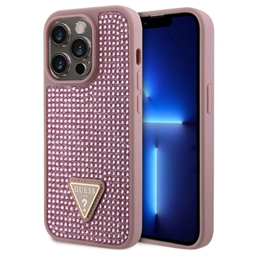 Husă iPhone 15 Pro - Guess Rhinestones Triangle Metal Logo - Roz