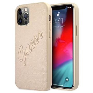 Husă iPhone 12/12 Pro - Guess Saffiano Vintage Script - Auriu