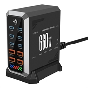 HHW 660W GaN 10-Port USB-C Charger Station cu afișaj - 6xUSB-C, 4xUSB-A - Negru