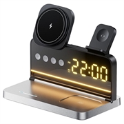 HT-568 Încărcător magnetic fără fir 3-în-1 cu ceas cu alarmă și lampă de birou - Negru