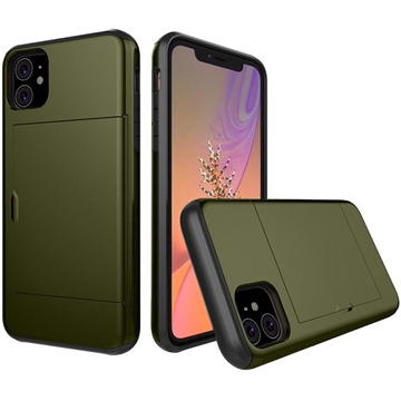 Husă Hibridă iPhone 11 cu Slot Glisant pentru Card - Verde Army