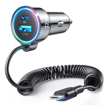 Joyroom JR-CL07 Încărcător auto rapid cu fir 3 în 1 72W - USB-C, USB-A - Negru