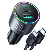 Încărcător auto Joyroom puternic cu 3 porturi PD QC, inclusiv cablu USB-C de 1.2m - 145W - Gri închis