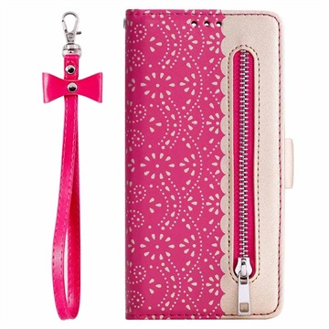 Husă Portofel Cu Stand Samsung Galaxy A21s Lace Pattern - Roz Intens