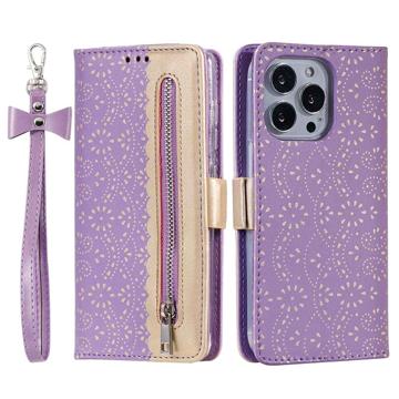 Husă Portofel iPhone 14 Pro Max - Lace Pattern - Violet