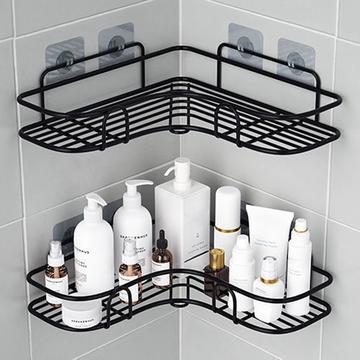 Raft de colț mare pentru baie din metal fără găurire - negru