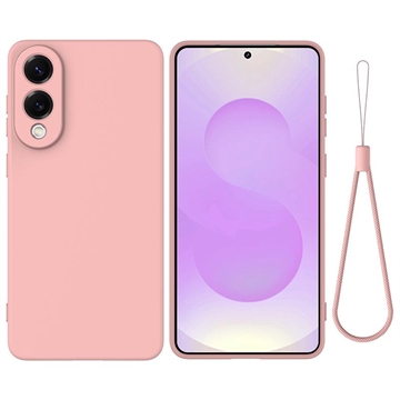 Husă din silicon lichid Samsung Galaxy S25 Edge cu curea de mana - Roz