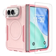 Husă magnetică iPhone Duo cu protecție pentru ecran din sticlă călită și protecție pentru obiectivul camerei - roz