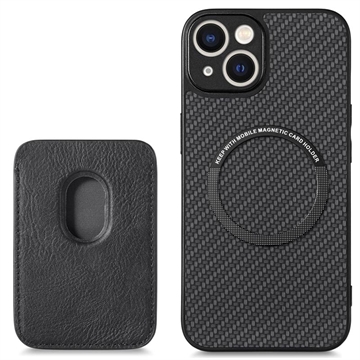 Husă Magnetică cu Slot Card iPhone 14 - Fibră Carbon - Negru