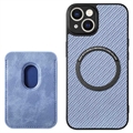 Husă Magnetică cu Slot Card iPhone 15 Plus - Fibră Carbon - Albastru