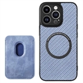 Husă Magnetică cu Slot Card iPhone 15 Pro - Fibră Carbon - Albastru