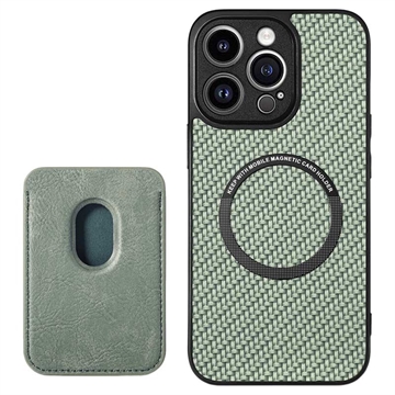 Husă Magnetică cu Slot Card iPhone 15 Pro - Fibră Carbon - Verde