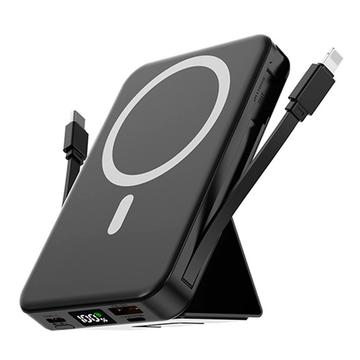 Magnetic Wireless Power Bank cu cabluri USB-C și Lightning - 10000mAh/15W - Negru