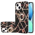 Husă TPU iPhone 15 Plus - Marble Pattern IMD cu Suport pentru Inel - Negru