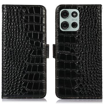Husă Piele Portofel cu RFID Motorola Moto G75 - Crocodile - Negru
