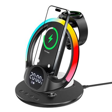 N01 Suport magnetic de încărcare rapidă 6 în 1 cu ceas cu alarmă, control inteligent al temperaturii și lumină de noapte - negru