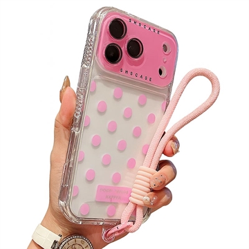 iPhone 17 Pro Max Husă PC / TPU cu folie pentru lentilă și curea - Polka Dot - Roz