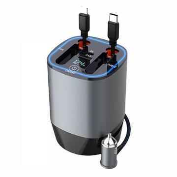 Încărcător auto PT-17 PD 100W cu cabluri retractabile Lightning/USB-C, afișaj tensiune și odorizant - gri