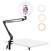 PULUZ 10.2" 26cm Ring Curved Light + Desktop Arm Stand USB 3 Modes Dimmable Dual Color Temperature LED Vlogging Selfie Photography Video Lights cu clemă pentru telefon