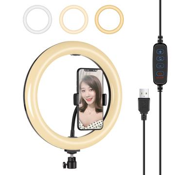 PULUZ PU397 10-inch 3 Modes Dimmable LED LED Ring Video Light cu Clip pentru telefon mobil pentru Vlogging - Negru