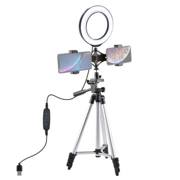 PULUZ Suport pentru trepied + Suport pentru telefon dublu pentru transmisiuni live + 6.2" 16cm LED Ring Vlogging Video Light Kits