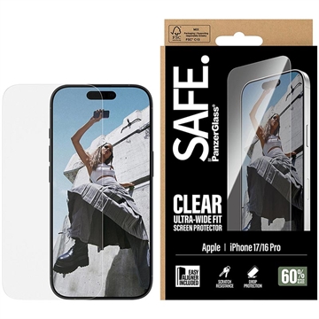 Protector de ecran din sticlă temperată iPhone 17/16 Pro PanzerGlass Safe Ultra-Wide Fit - 9H - Transparent