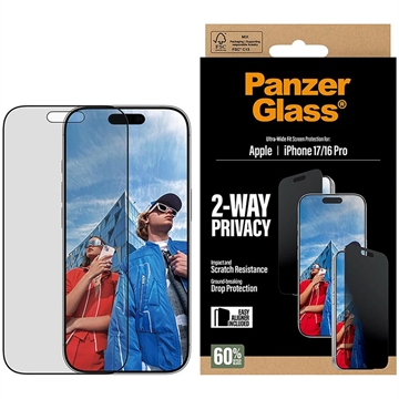 Protector de ecran confidențialitate iPhone 17/16 Pro PanzerGlass Ultra-Wide Fit EasyAligner 2-Way - 9H - Margine neagră