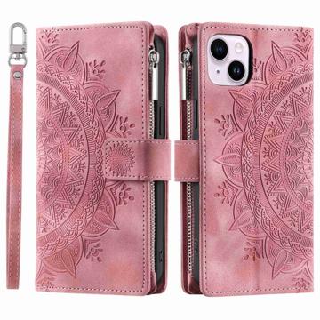 Husă Portofel iPhone 14 Plus - Mandala Fermoar - Auriu Roze