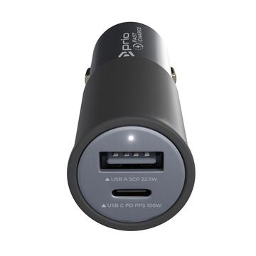 Încărcător auto Prio Fast Charge - 100W PD USB-C, 22.5W USB-A - Negru