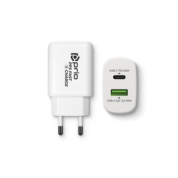 Prio PWC-1204 Încărcător de perete rapid - 25W PD USB-C, 18W QC3.0 USB-A - Alb