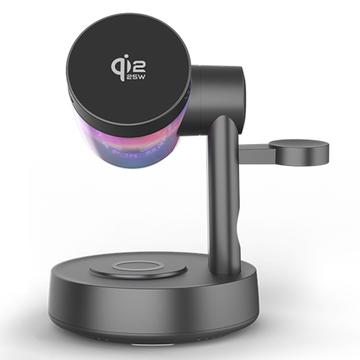 Stație de încărcare magnetică fără fir QI2.2 25W cu difuzor Bluetooth și RGB - negru
