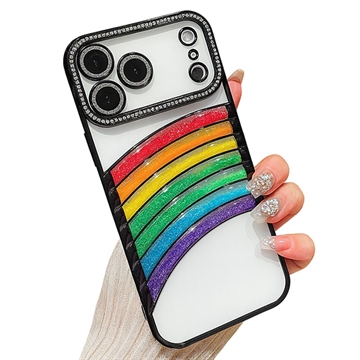 iPhone 17 Pro Max Husă hibridă cu nisipuri mișcătoare curcubeu și decor cu strasuri pentru cameră