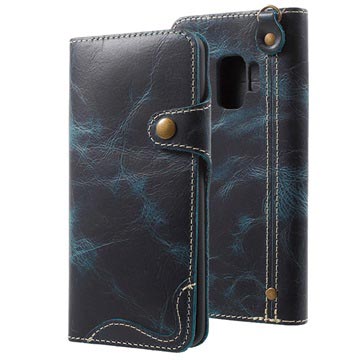 Husa din piele portofel retro Samsung Galaxy S9 - albastra