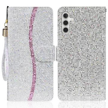 Samsung Galaxy A15 - Husă elegantă cu sclipici pentru portofel - Argintiu