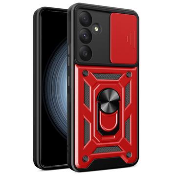 Husă Hibridă Samsung Galaxy A35 cu Inel Rotativ cu Ecran pentru Cameră - Roșu