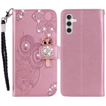 Samsung Galaxy A55 Owl Owl Rhinestone Wallet Case - Rose Gold